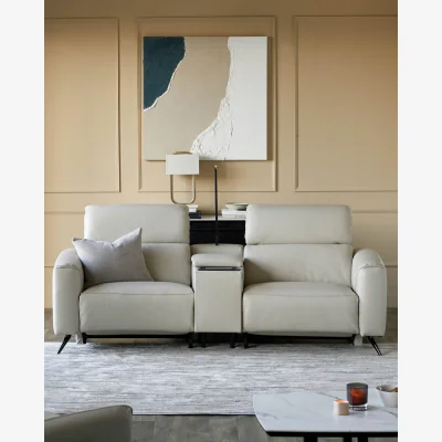 Danetti Kenzie Natural Grey Leather Recliner 2 Seater Sofa with console table