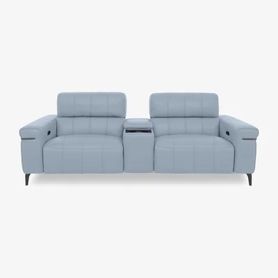 Furniture Village Homestage NC Leather 3 Seater Power Recliner Media Sofa with Console and Power Headrests - Pearl Blue