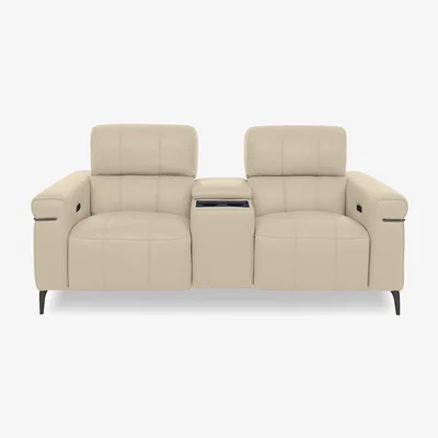 Furniture Village Homestage NC Leather 2 Seater Power Recliner Media Sofa with Console and Power Headrests - NC Bisque