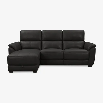 Furniture Village World of Leather - Saffron BV Leather 3 Seater Sofa with Power Recliner with Storage Left Hand Facing Chaise End - Shale Grey