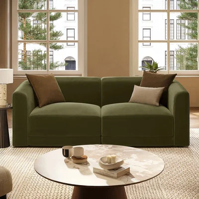 Furniture123 Olive Green Velvet Curved Modular 3 Seater Sofa - Laine