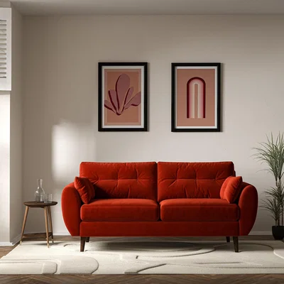 La Redoute Ada Scandi Buttoned Velvet 3 Seater Sofa with Dark Wood Legs