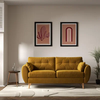 La Redoute Ada Scandi Buttoned Velvet 3 Seater Sofa with Light Wood Legs