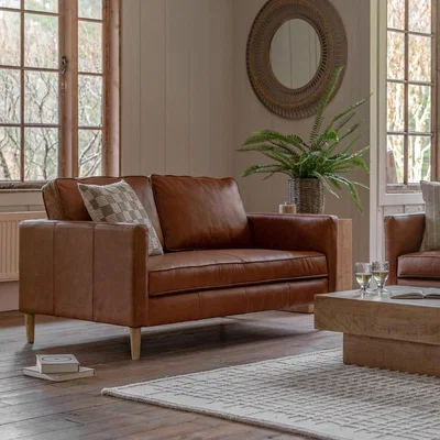 La Redoute Groton Mid-Century 2 Seater Vintage Leather Sofa with Solid Wood Legs