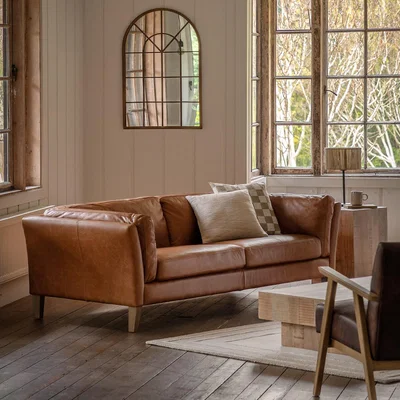 La Redoute Nadiad Vintage Leather 3 Seater Sofa with Solid Wood Legs