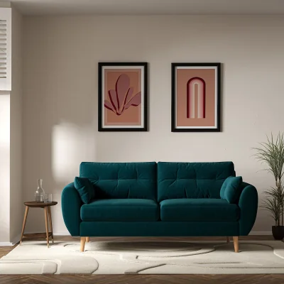 La Redoute Ada Scandi Buttoned Velvet 3 Seater Sofa with Light Wood Legs