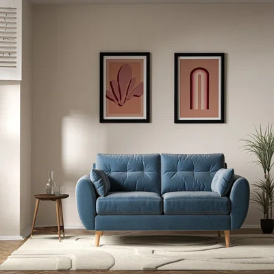 La Redoute Ada Scandi Buttoned Velvet 2 Seater Sofa with Light Wood Legs