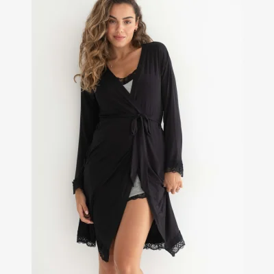 Marks & Spencer Pour Moi Sofa Loves Lace Jersey Wrap Dressing Gown Black