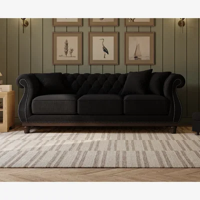 Oak&More Harrow Chesterfield Black Linen Fabric 3 Seater Sofa