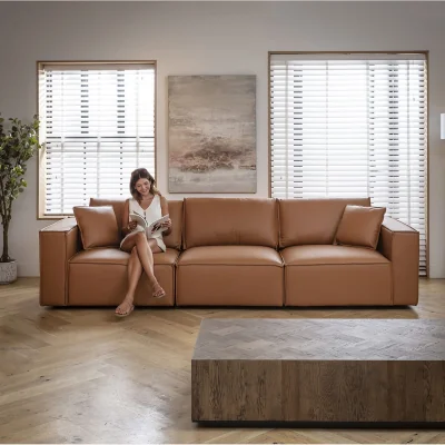 Quatropi Modern Modular 3 Seater Sofa in Premium Tan Leather 309cm