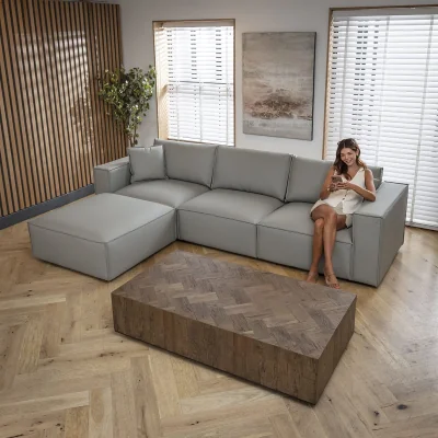 Quatropi Modern 3 Seater Grey Leather Sofa and Footstool 309x196cm