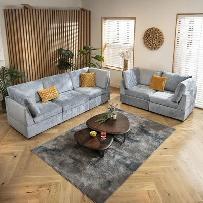 Quatropi Sully 5 Seater Modular 3 & 2 Seater Sofa Set Blue Chenille 1+2S