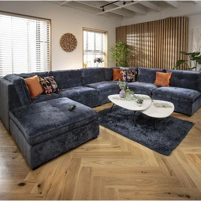 Quatropi Anni 6 Seater U-Shape Sofa Blue Chenille 366x270cm 9R