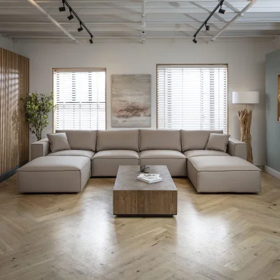 Quatropi 4 Seater Modern Beige Leather Modular Sofa Settee 398x196cm