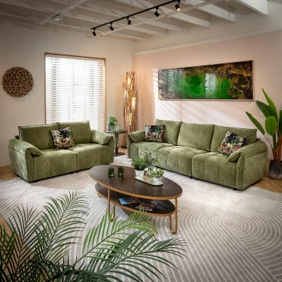 Quatropi Modern Small 3 and 2 Seater Sofa Settee Set Olive Green Fabric 1+2S