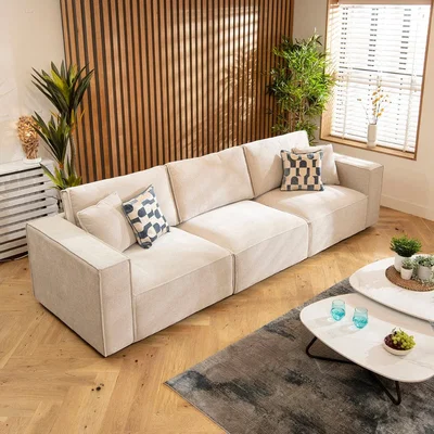 Quatropi Modern Small 3 Seater Sofa Modular Settee Natural Cream Fabric 309x98cm 1