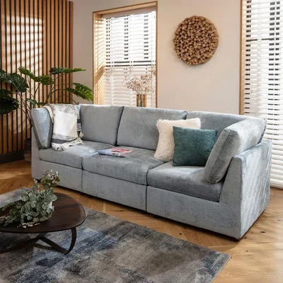 Quatropi Modular 3 Seater Small Modern Sofa Couch Sectional Blue Fabric