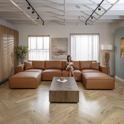 Quatropi 4 Seater Modern Tan Leather Modular Sofa Settee 398x196cm