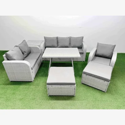 The Range Fimous Rattan Sofa Set with 3-Seater, Recliner, Side Table & 2 Footstools Light Grey - Light grey rattan with dark grey fabric