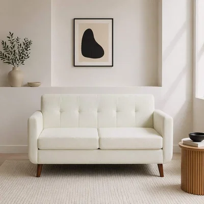 The Range Yofi Cream White 2-Seater Sofa with Tufted Back and Dark Angled Wooden Legs