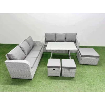 The Range Fimous Patio Dining & Lounge Set: 9-Seater Rattan Sofa Set with Tempered Glass Table, Light Grey. - Light Grey