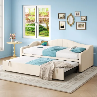 The Range Sofa Bed with Charging Station 3ft Single Velvet Bed  - beige