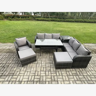 The Range Fimous 9-Seater Rattan Dining Sofa Set with Side Table & 2 Footstools - Dark Grey