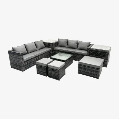 The Range Fimous 9-Seater PE Rattan Patio Lounge Sofa Set with Square Coffee Table and Footstools. - Dark Grey Mixed