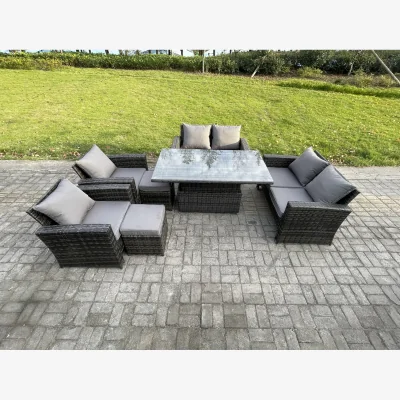 The Range Fimous 8-Seater Rattan Sofa Set with Rising Table & Footstools - Dark Grey - Dark grey mixed rattan with dark grey fabric