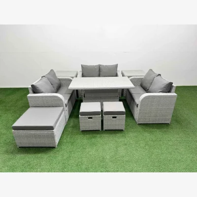The Range Fimous 9-Seater PE Rattan Sofa Set with Adjustable Lift Table, Light Grey - Light grey PE rattan with dark grey fabric