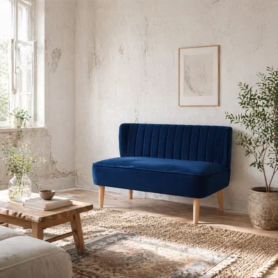 The Range Haleco Dark Blue Velvet-Feel 2-Seater Sofa, Panel-Tufted Back, Natural Wooden Legs