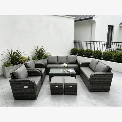 The Range Fimous 9-Seater Rattan Sofa Set with Reclining Chair, Coffee Table - Dark Grey