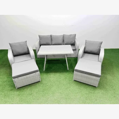 The Range Fimous 7-Seater Reclining PE Rattan Sofa Set w/ Table & 2 Footstools, Light Grey - Light grey rattan + dark grey fabric
