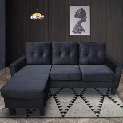 The Range Vika Velvet 3 Seater Convertible Sectional Sofa - Black Velvet