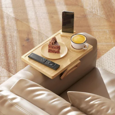 The Range HOMCOM Anti-Slip Sofa Armrest Tray with Phone and Cup Holder - Natural wood finish