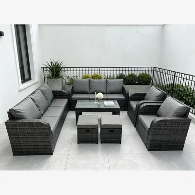 The Range Fimous 10-Seater Rattan Lounge Sofa Set with Reclining Chair - Dark Grey