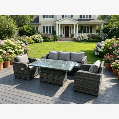 The Range Rattan 5 Seater Adjustable Dining Set Lounge Sofa Reclining Chairs - Dark Grey Mixed