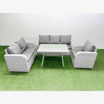 The Range Fimous Rattan High Back Lounge Sofa Set with 3-Seater, Love Seat & Recliner Light Grey - Light grey rattan + dark grey fabric