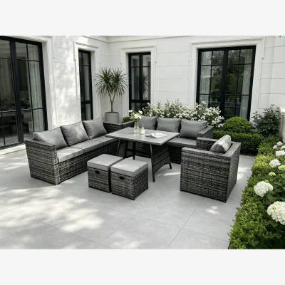 The Range Fimous 9-Seater Rattan Sofa Dining Set with Table, Armchair & Stools - Dark Grey