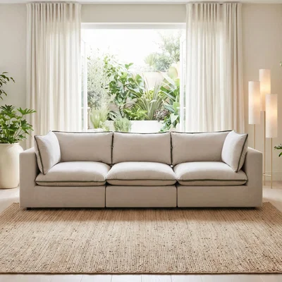 The Range Echo Linen-Look Fabric 3 Seater Modular Sofa - Cream & Green Trim