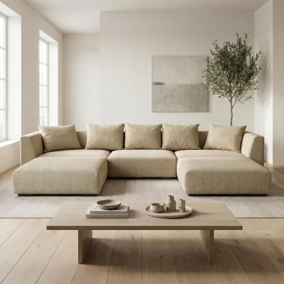 The Range Tokyo U-Shape Modular Sofa in Natural Bamboo Basket Weave Fabric with Deep Seat - Warm Beige