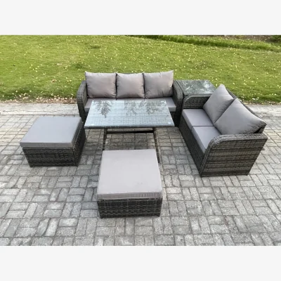The Range Fimous 7-Seater Rattan Sofa & Rectangular Tempered-Glass Table - Dark Grey - Dark Grey Mixed