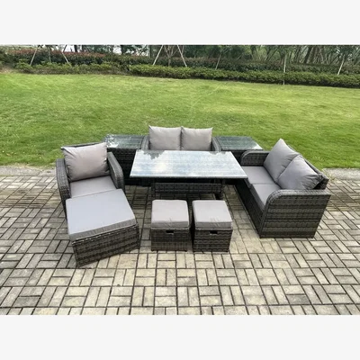 The Range Fimous 8-Seater Rattan Lounge Sofa Set with 2 Side Tables & 3 Stools - Dark Grey
