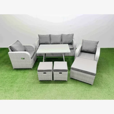 The Range Fimous Reclining 3-Seat PE Rattan Sofa Set with Dining Table and 3 Footstools, Light Grey. - Light grey rattan + dark grey fabric