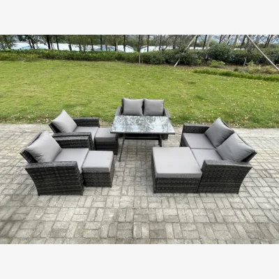 The Range Fimous 8-Piece Dark Grey Rattan Patio Sofa and Table Set. - Dark grey mixed rattan with dark grey fabric