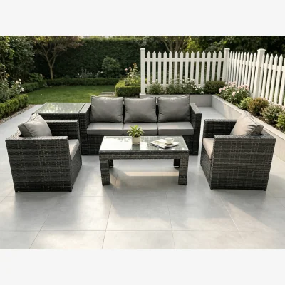 The Range Fimous Lounge Rattan Sofa Set with Coffee Table, Chairs & Side Table - Dark Grey