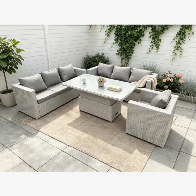 The Range Fimous Rattan Sofa Dining Set with Rising Table & Armchair - light Grey Mixed
