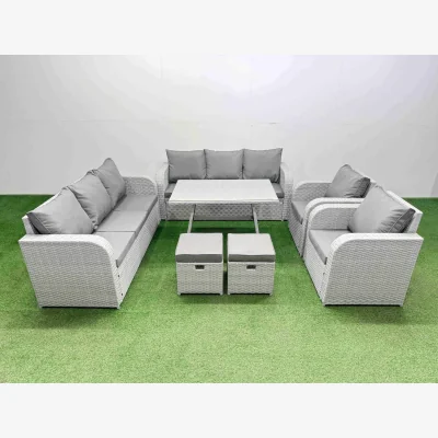 The Range Fimous Rattan High Back Lounge Sofa Set with 3-Seater, 2 Recliners and Table, Light Grey. - Light Grey