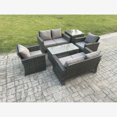 The Range Fimous 6 Seater Dark Grey Mixed High Back Rattan Sofa Set with Coffee and Side Tables. - Dark grey mixed rattan with dark grey fabric