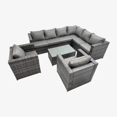 The Range Fimous 8-Seater L-Shaped Patio Rattan Sofa Set with Glass Coffee Table Dark Grey Mixed - Dark Grey Mixed